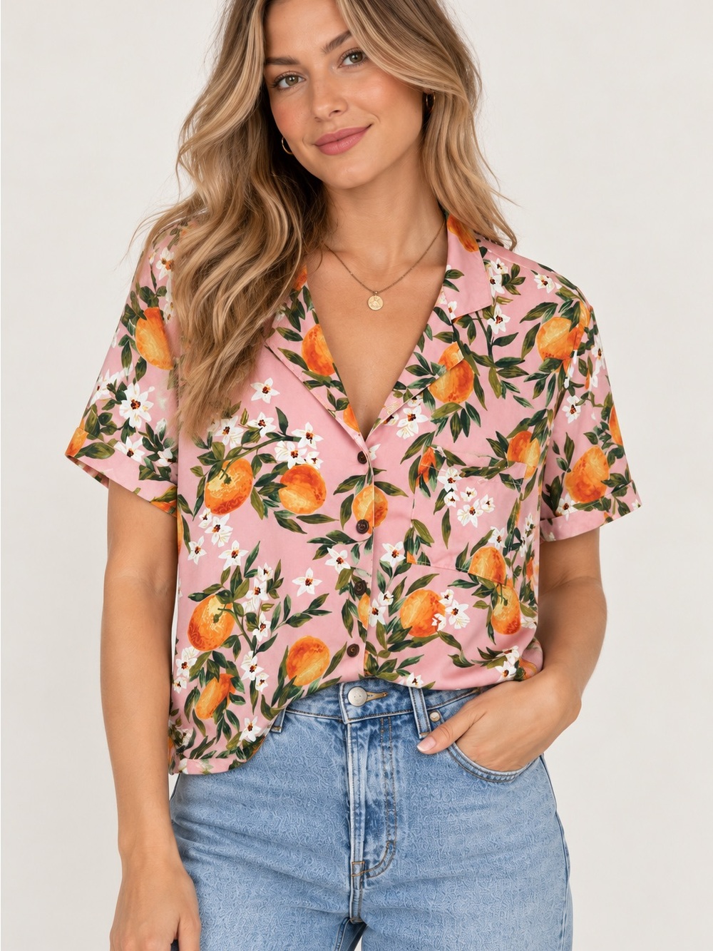 Marine Layer Pink Citrus Blossom Short Sleeve Button Down Top Resort Tropical M